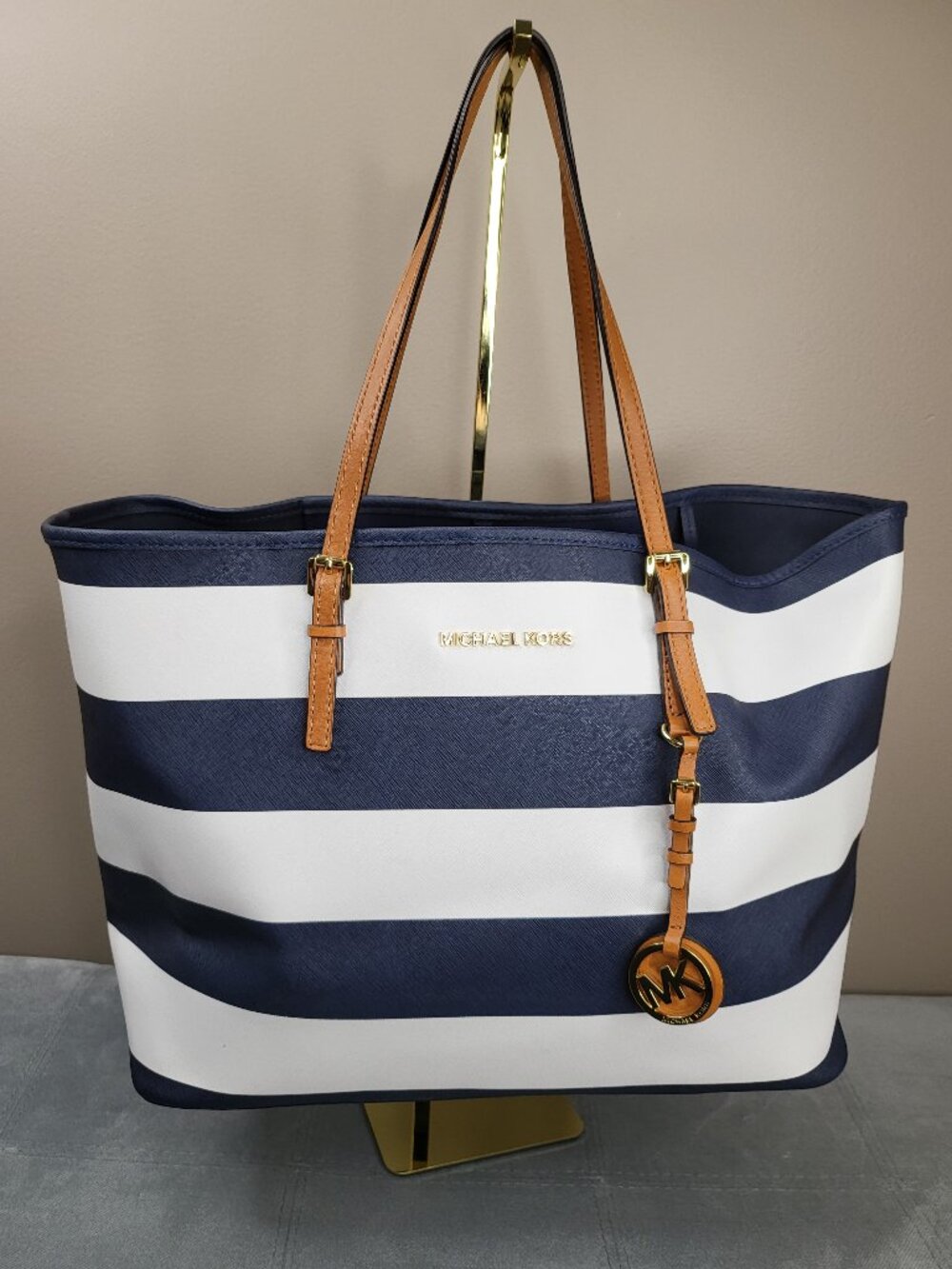 Michael Kors Navy & White Striped Jet Set Tote Bag Tan Leather Gold Hardware